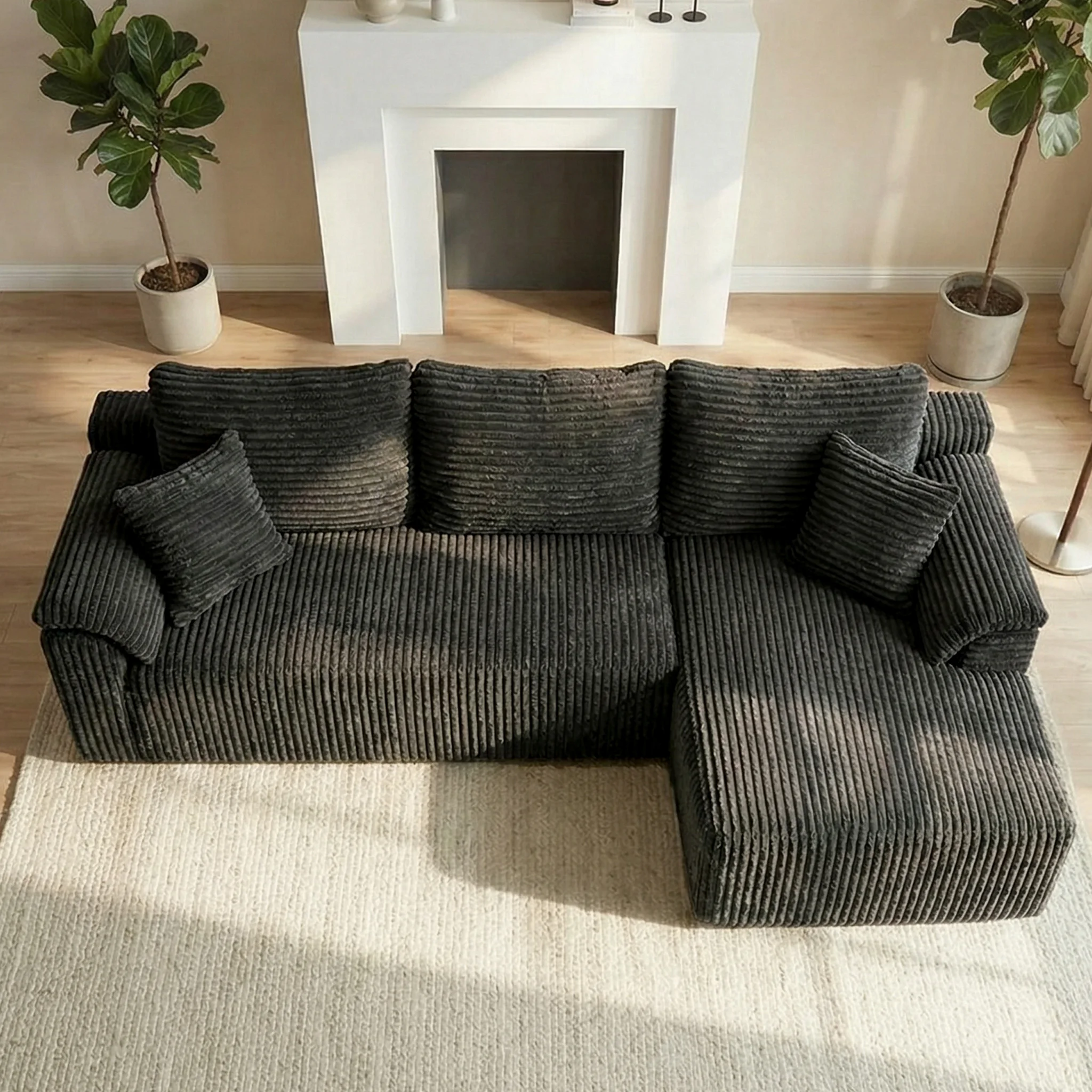 103.2" Black Corduroy L‑Shape Modular Compressed Sectional Sofa with Chaise & Throw Pillows, AU Local Warehouse Fast Delivery
