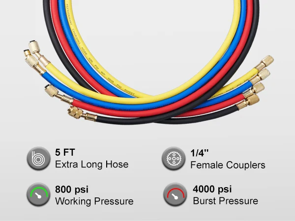 VEVOR 4 Way AC Gauge-AC Manifold Gauge Set 5 ft Hoses for R134A/R22/R12/R410A Work on Car Auto Freon Charging and Evacuation