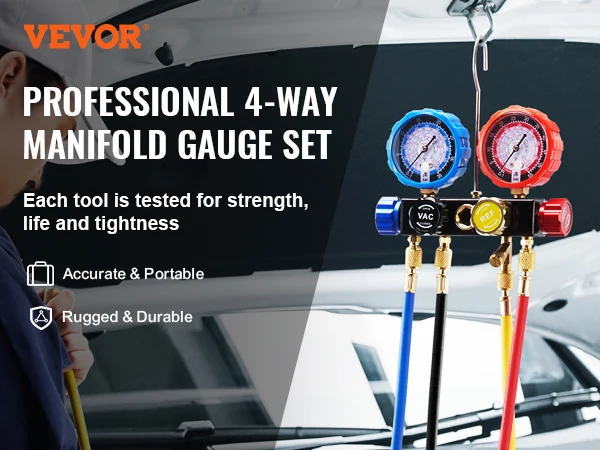VEVOR 4 Way AC Gauge-AC Manifold Gauge Set 5 ft Hoses for R134A/R22/R12/R410A Work on Car Auto Freon Charging and Evacuation