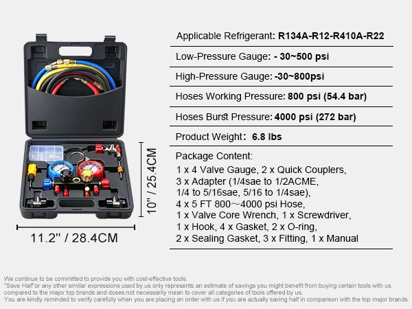 VEVOR 4 Way AC Gauge-AC Manifold Gauge Set 5 ft Hoses for R134A/R22/R12/R410A Work on Car Auto Freon Charging and Evacuation