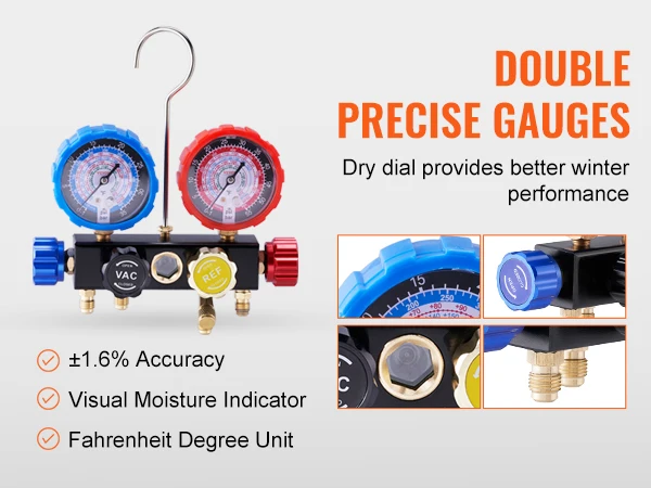 VEVOR 4 Way AC Gauge-AC Manifold Gauge Set 5 ft Hoses for R134A/R22/R12/R410A Work on Car Auto Freon Charging and Evacuation