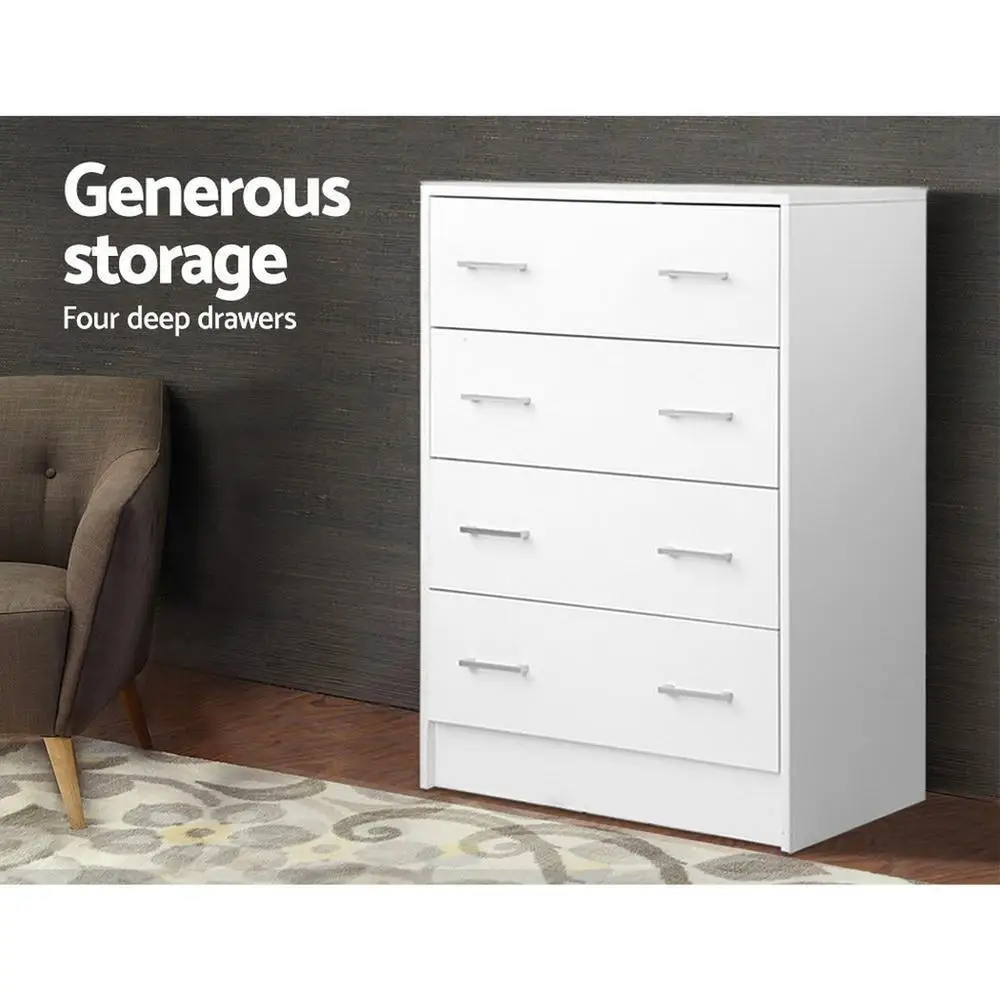 4 Drawer Chest White Tall Storage Cabinet Modern Bedroom Dresser Minimalist Freestanding Organizer for Home Use