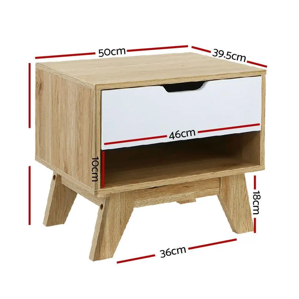 White Oak 1 Drawer Bedside Table with Open Shelf Modern Nightstand Storage Cabinet for Bedroom Living Room Small Space Furniture
