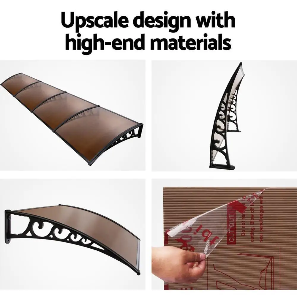 Window Door Awning 1x4m Brown Outdoor Rain Shelter Canopy Sun Shade Cover Polycarbonate Entrance Protection