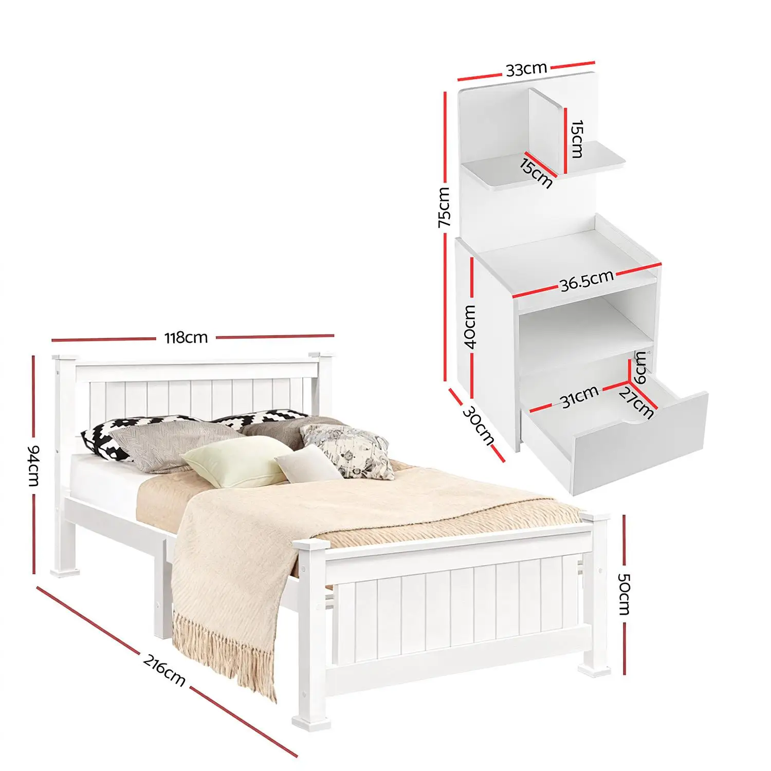 White King Single Bed Frame with Matching Bedside Table Modern Bedroom Furniture Set