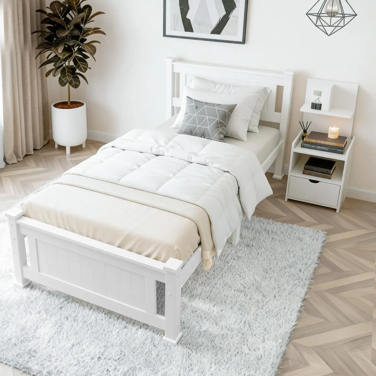 White King Single Bed Frame with Matching Bedside Table Modern Bedroom Furniture Set