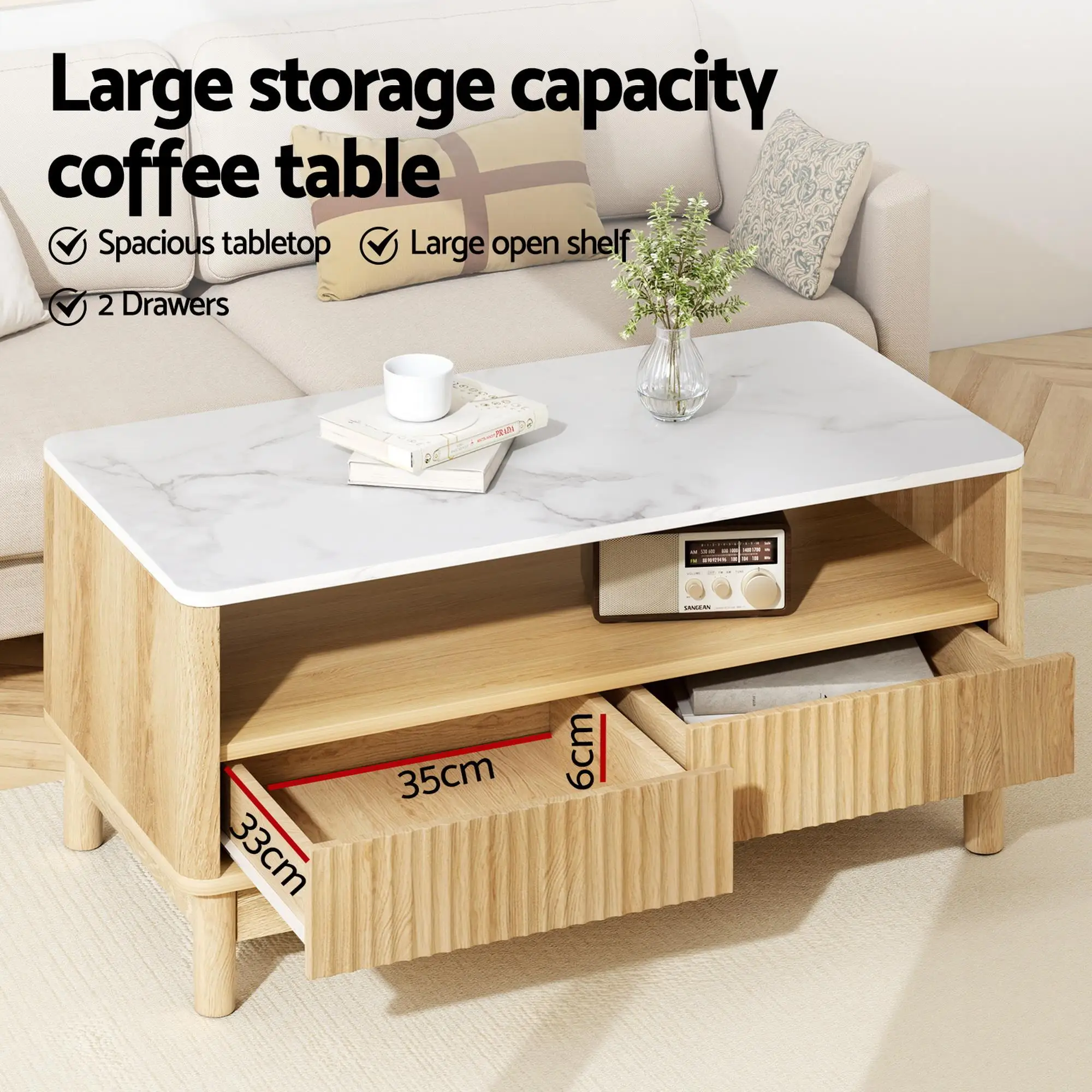 Pine TV Unit and Coffee Table Set with Storage Drawers Modern Living Room Furniture Organizer Console Table Set