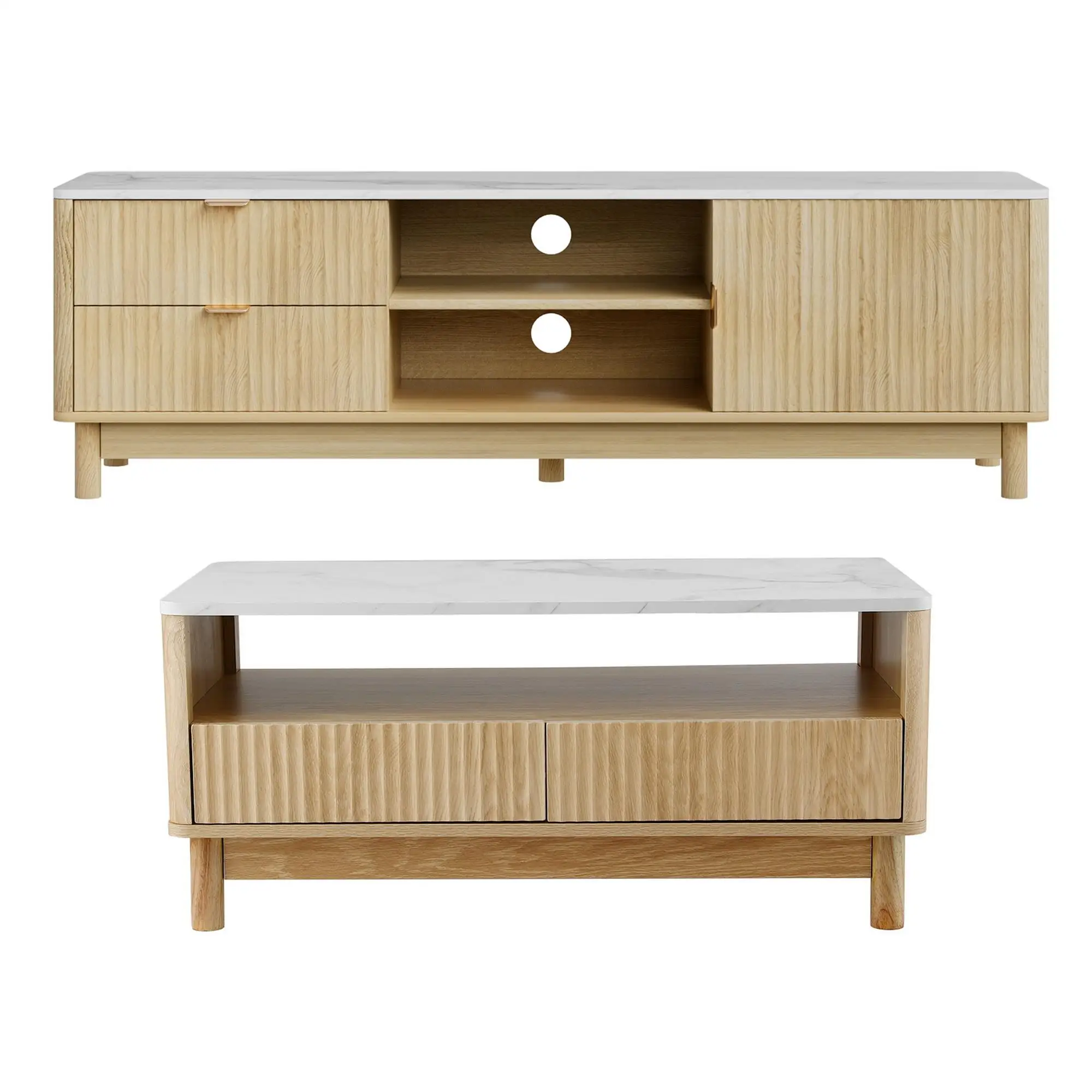 Pine TV Unit and Coffee Table Set with Storage Drawers Modern Living Room Furniture Organizer Console Table Set
