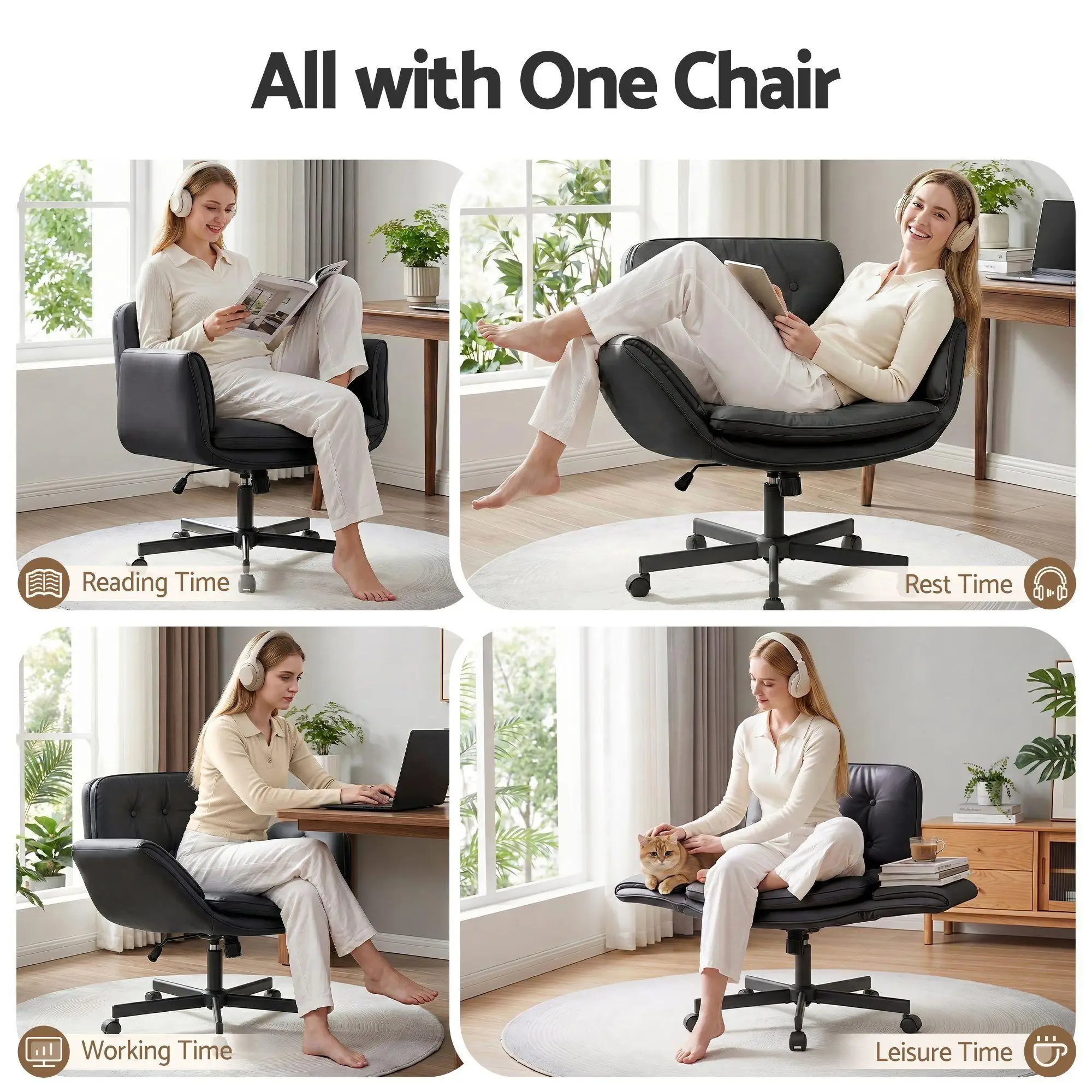 Cross Legged Office Chair with Wheels Adjustable Armrests Ergonomic PU Leather Swivel Vanity Chair for home Bedroom Computer Black
