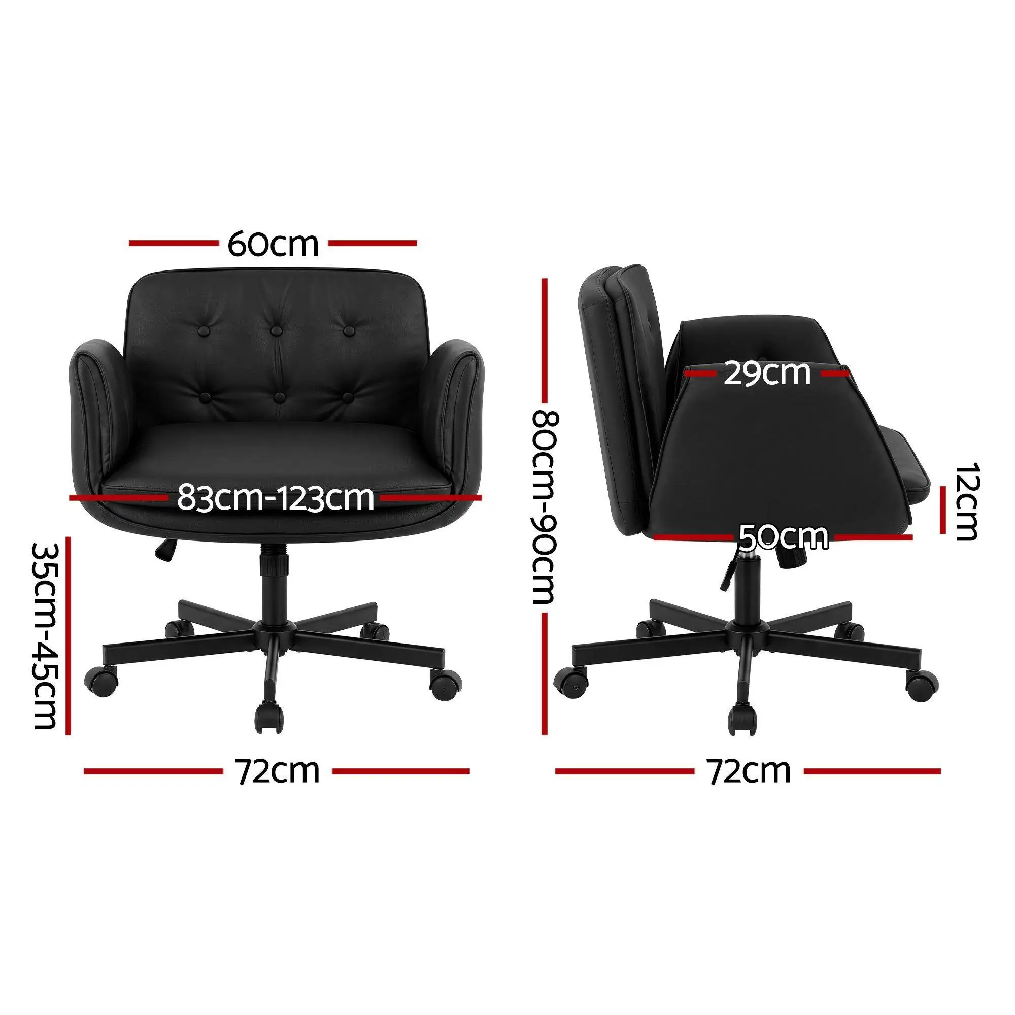 Cross Legged Office Chair with Wheels Adjustable Armrests Ergonomic PU Leather Swivel Vanity Chair for home Bedroom Computer Black
