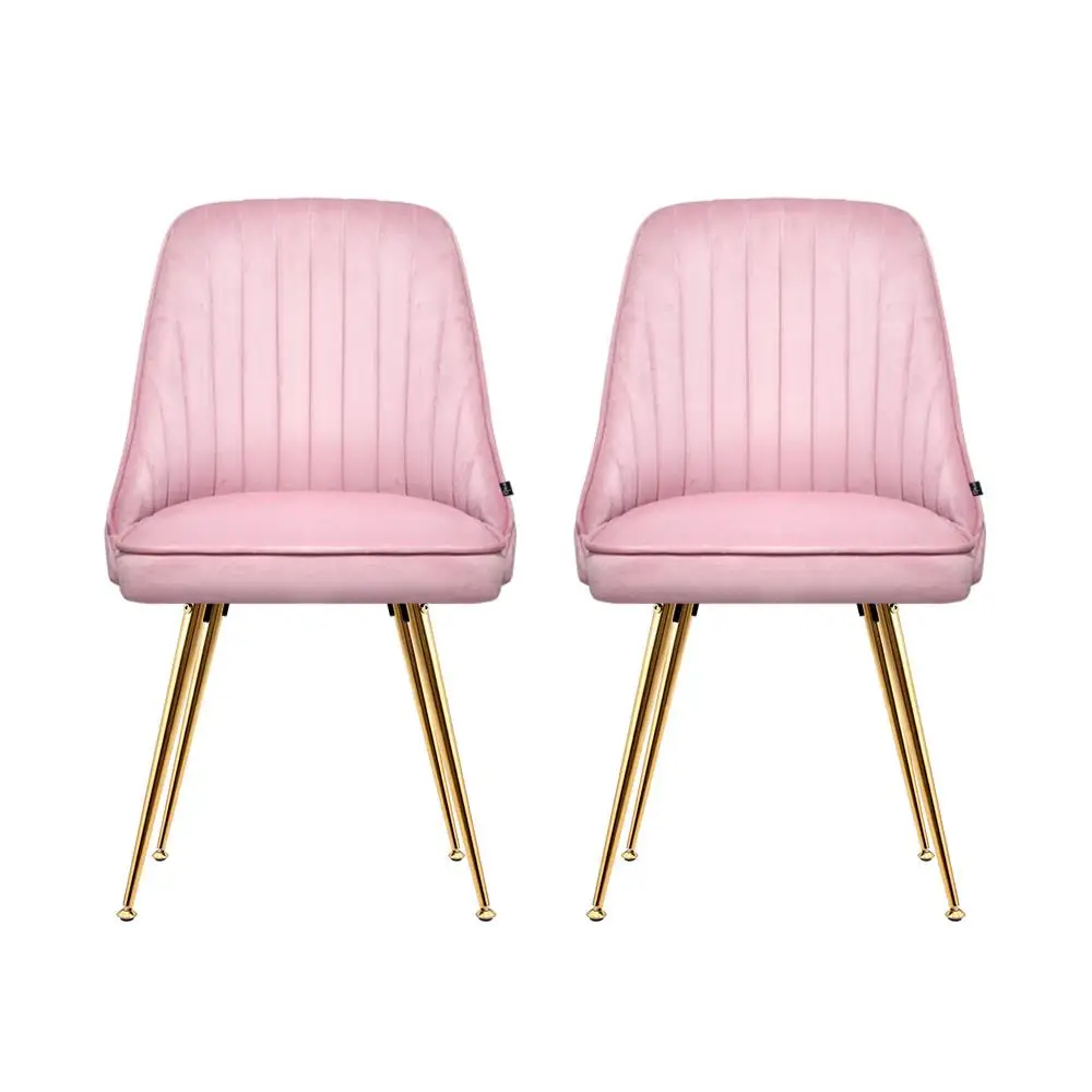 Pink Velvet Channel Tufted Dining Chairs Set of 2 Modern Upholstered Accent Chairs for Kitchen and Dining Room