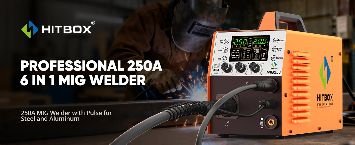 HITBOX MIG250 6 in1 MIG Welder MMA Gas/Gasless Aluminum Welding Machine 220V Synergic Single Pulse MIG Lift TIG Spot 2T/4T Function