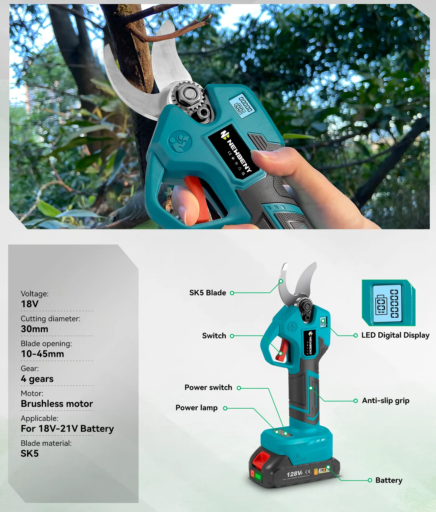 NEWBENY 30mm Cordless Brushless Electric Pruning Shears 4 Gear Fruit Tree Garden Bonsai Beautify Tool For Makita Battery Pin