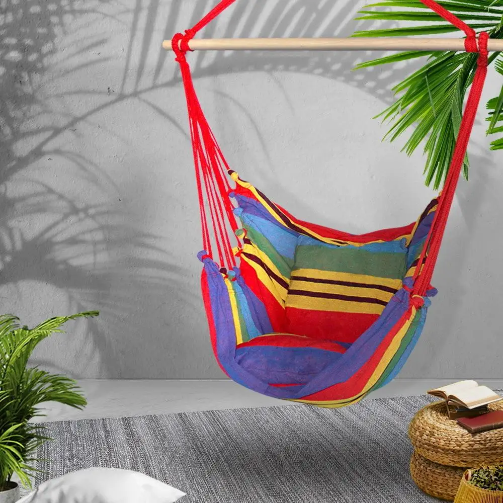 Outdoor Camping Hammock Chair with Cushion Pillow Rainbow Hanging Seat Comfortable Portable Relaxing Swing Chair