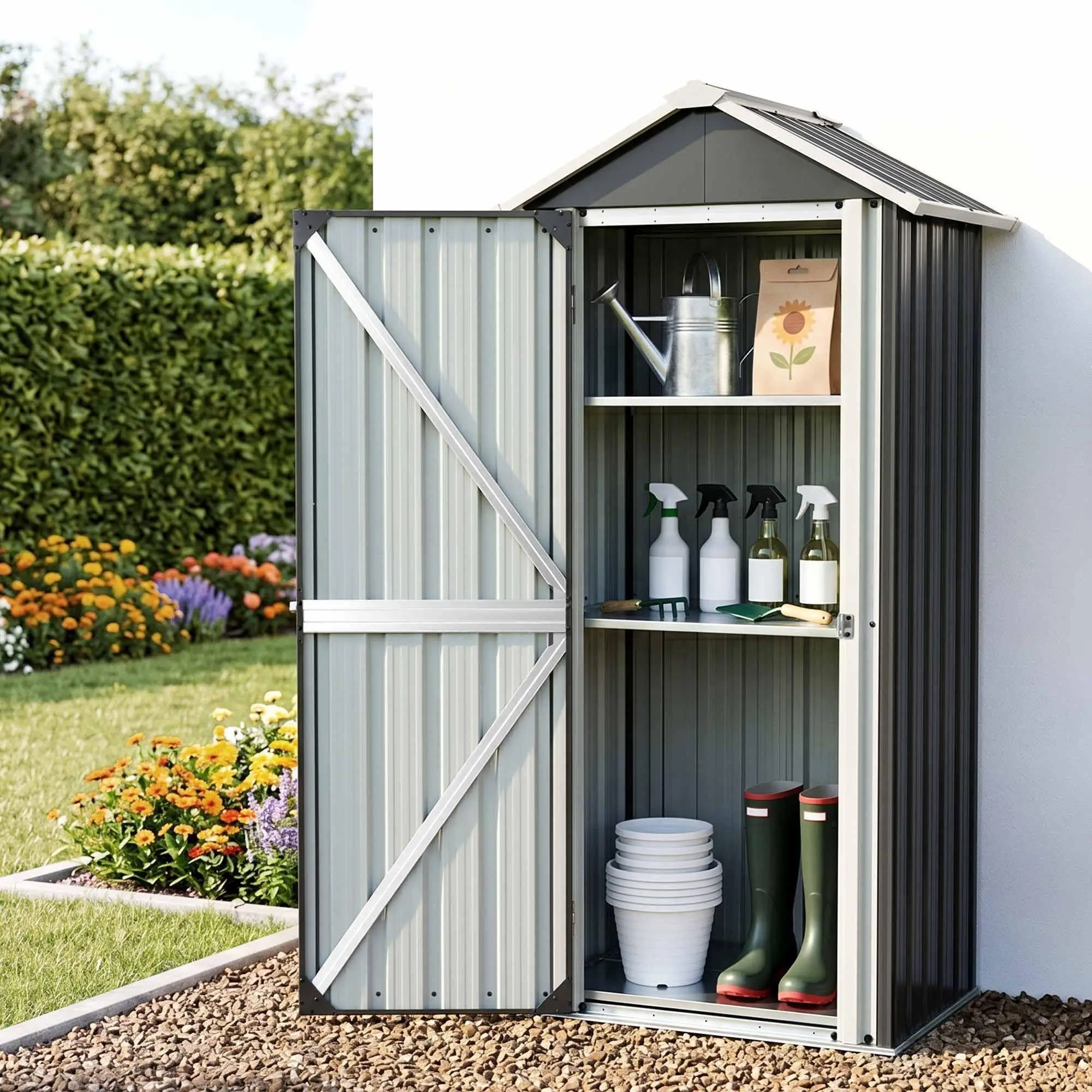 Outdoor Steel Storage Cabinet Garden Shed Lockable Tool Cupboard with Adjustable Shelves
