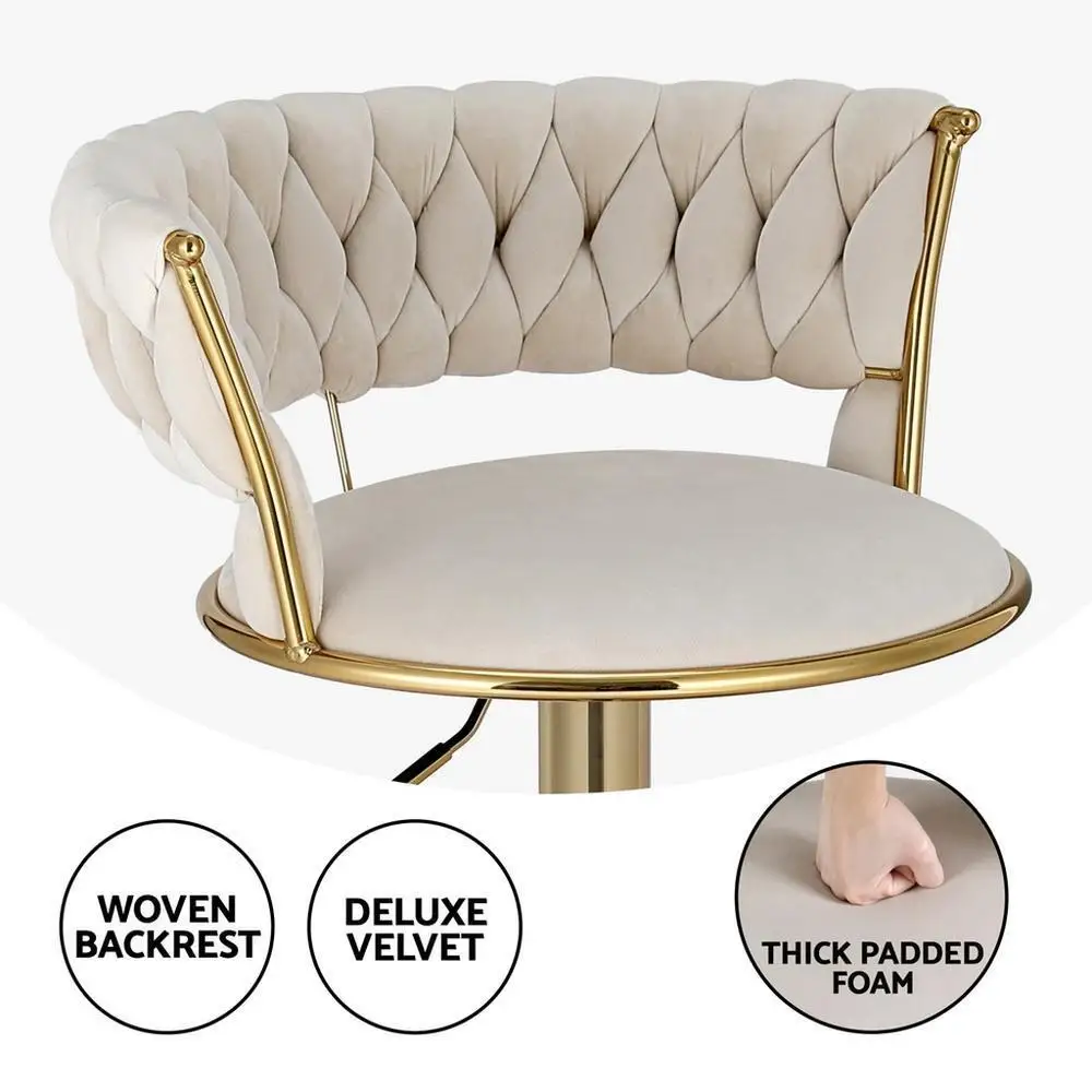 2x Velvet Bar Stools with Gas Lift Woven Backrest Ivory Counter Height Kitchen Seating Chairs
