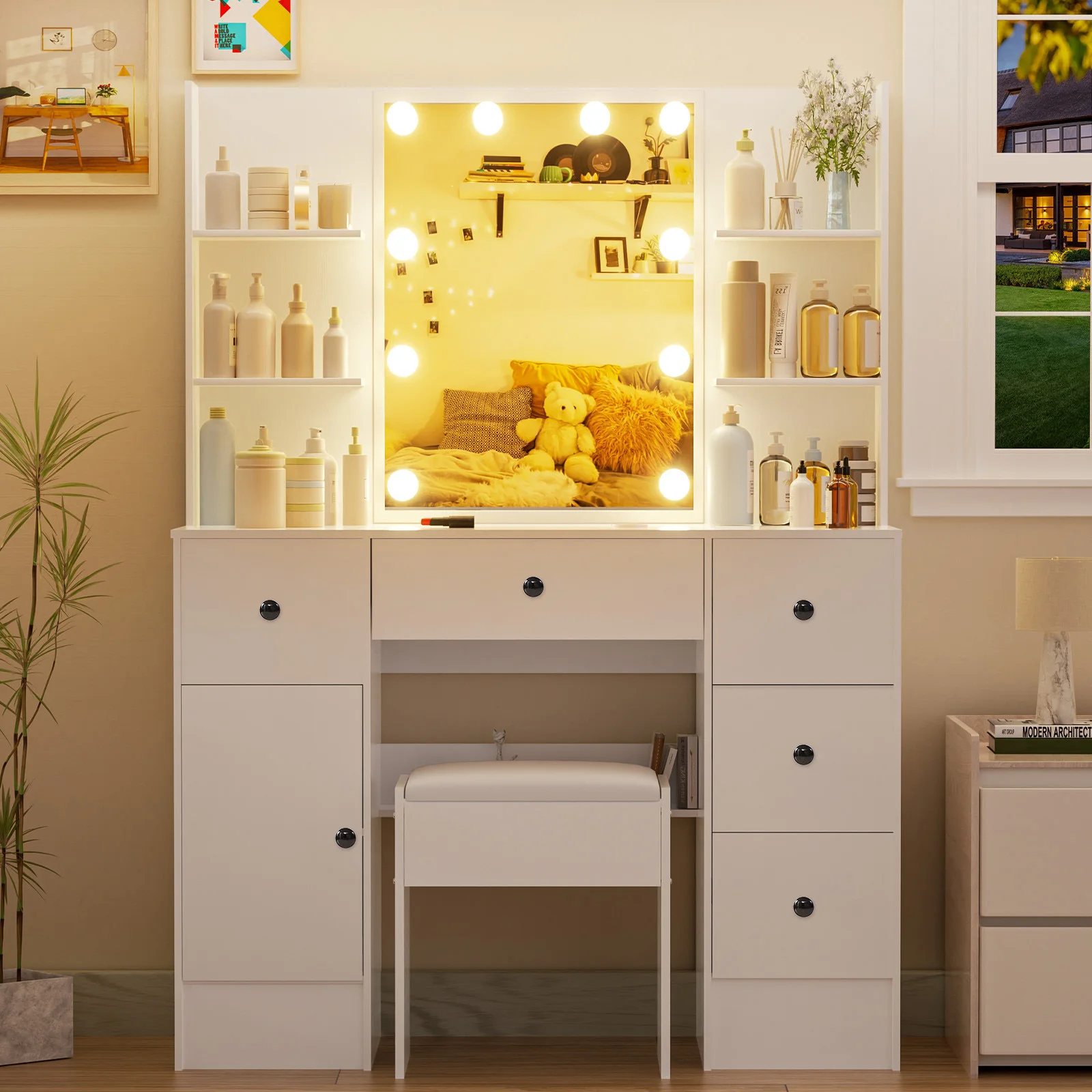 White Dressing Table Makeup Vanity Set With LED Light Mirror Storage Drawers Cabinet And Stool For Bedroom