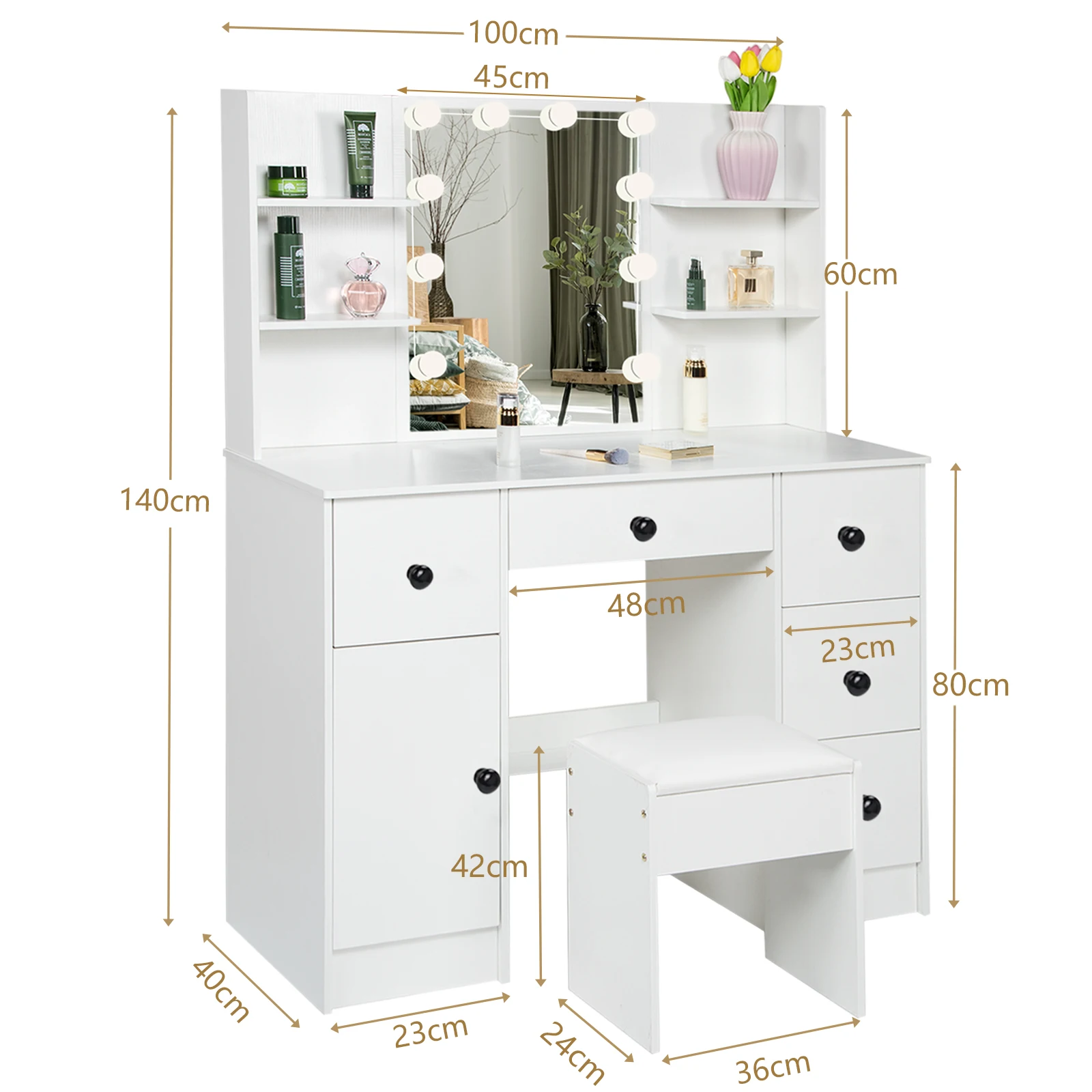 White Dressing Table Makeup Vanity Set With LED Light Mirror Storage Drawers Cabinet And Stool For Bedroom
