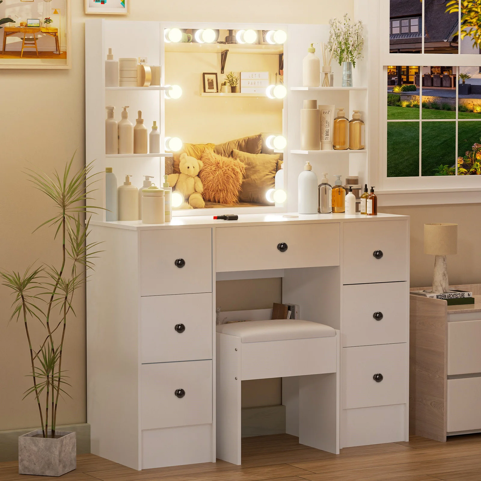 White Dressing Table Makeup Vanity Set With LED Light Mirror Storage Drawers Cabinet And Stool For Bedroom