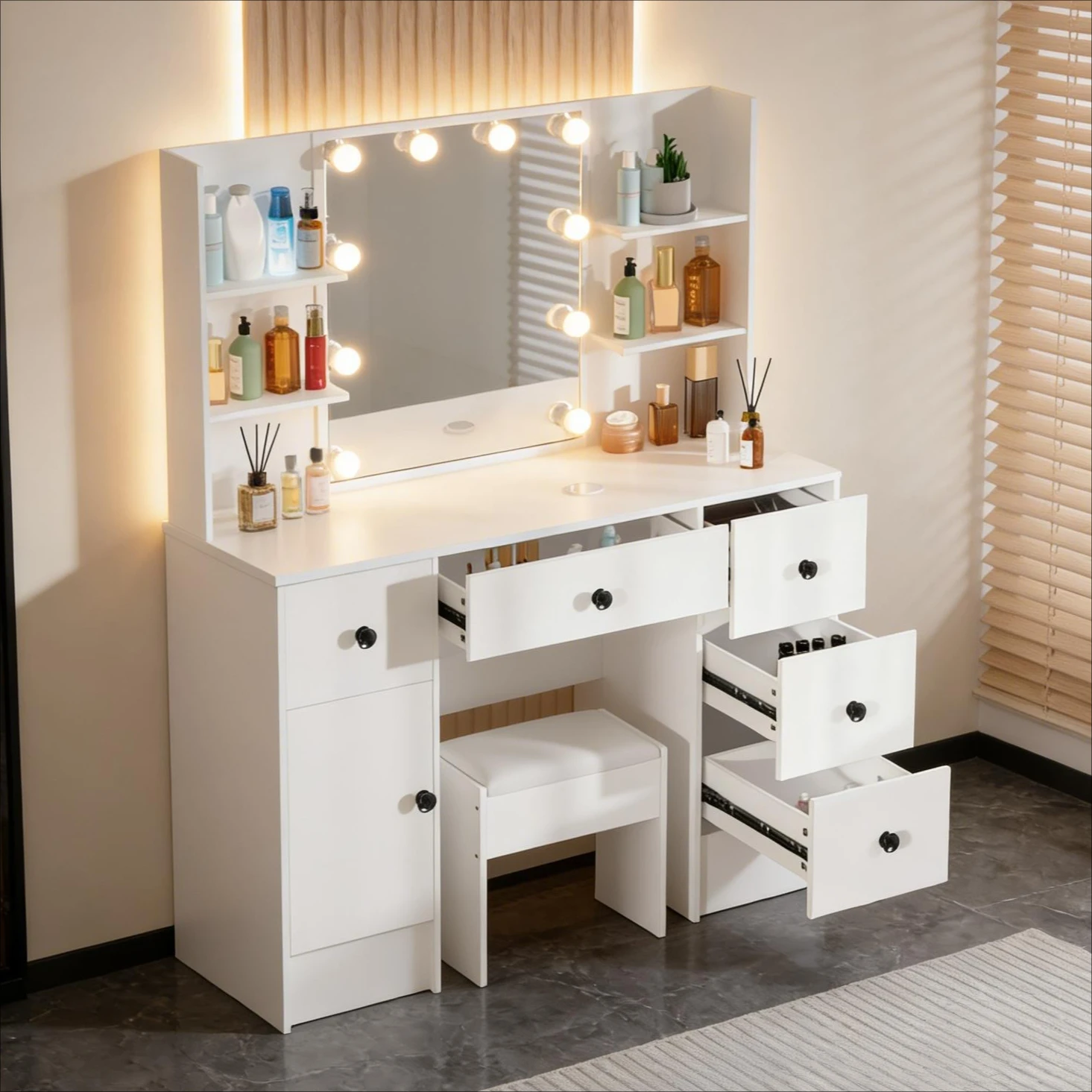 White Dressing Table Makeup Vanity Set With LED Light Mirror Storage Drawers Cabinet And Stool For Bedroom