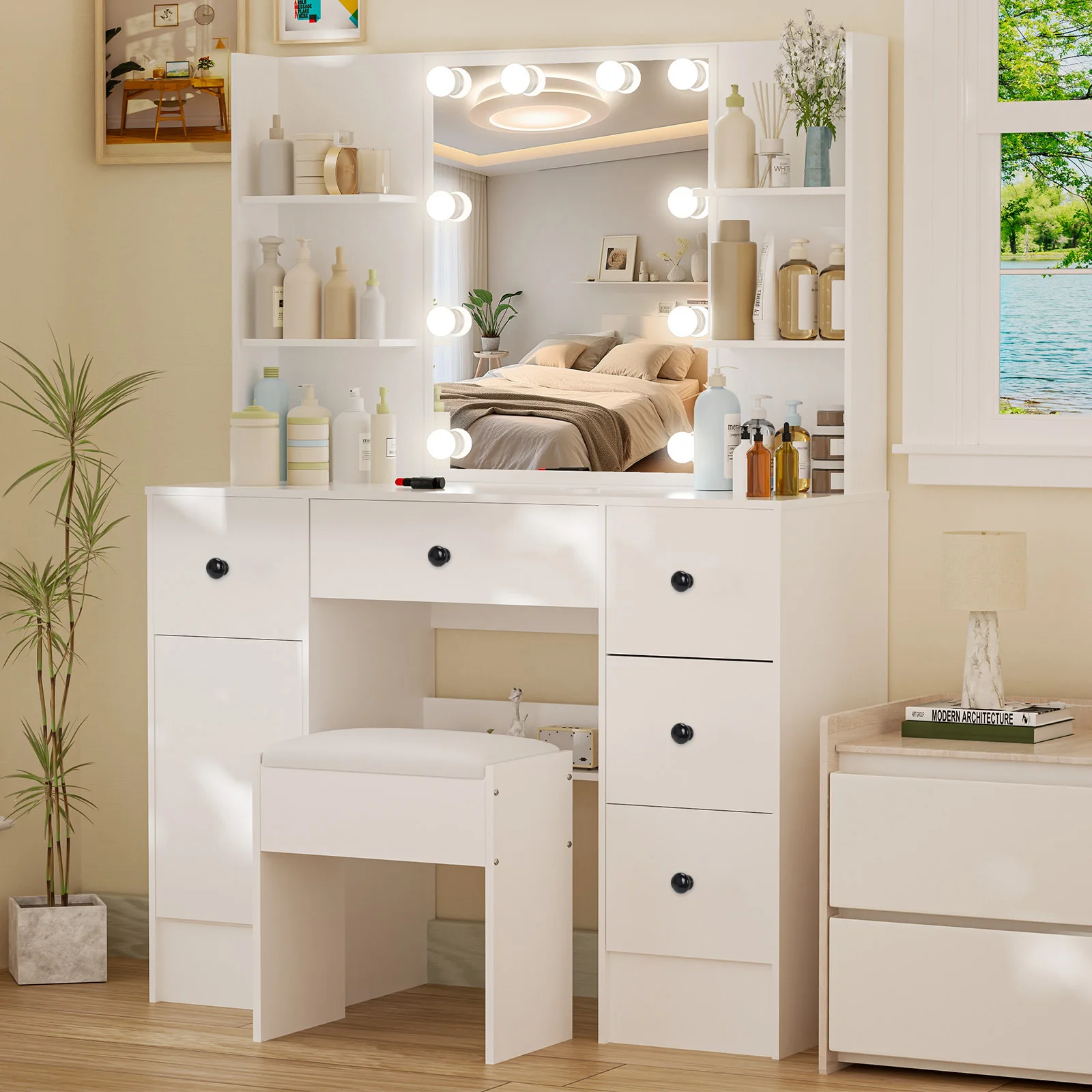 White Dressing Table Makeup Vanity Set With LED Light Mirror Storage Drawers Cabinet And Stool For Bedroom