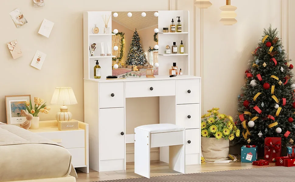 White Dressing Table Makeup Vanity Set With LED Light Mirror Storage Drawers Cabinet And Stool For Bedroom