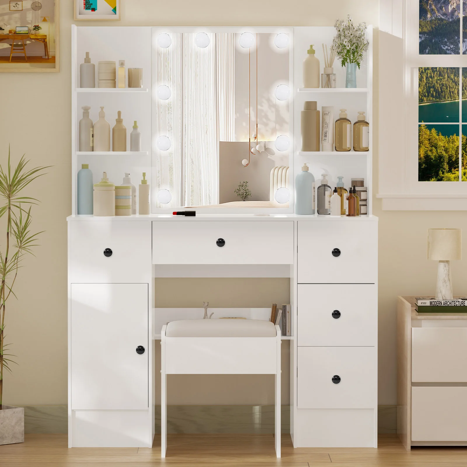 White Dressing Table Makeup Vanity Set With LED Light Mirror Storage Drawers Cabinet And Stool For Bedroom