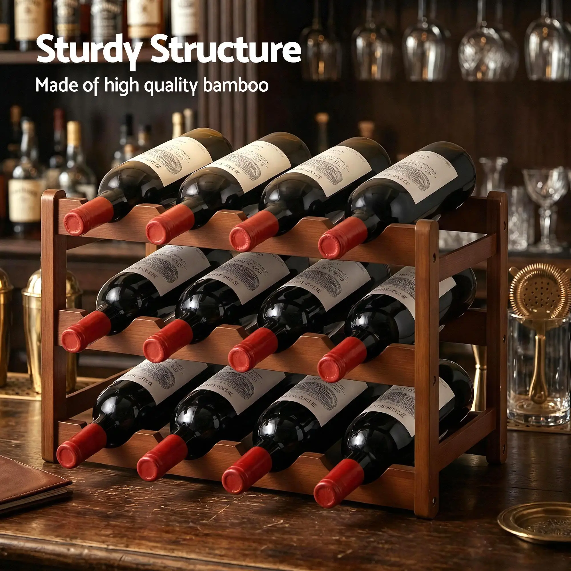 Bamboo 3 Tier Wine Rack Display Storage Organizer 12 Bottle Walnut Finish
