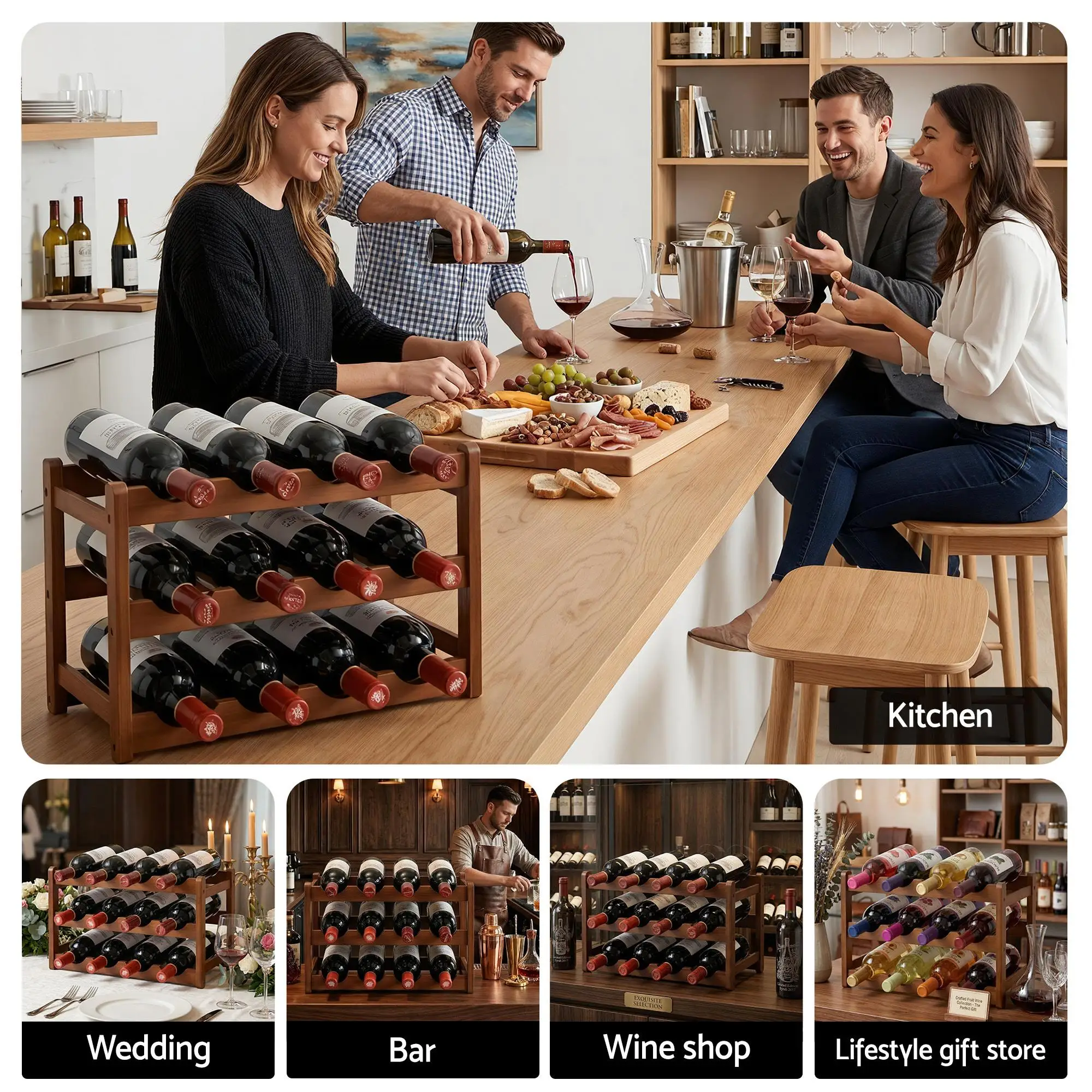 Bamboo 3 Tier Wine Rack Display Storage Organizer 12 Bottle Walnut Finish