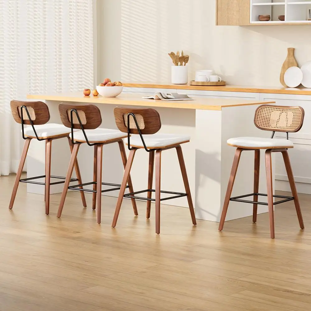 4 Piece Kitchen Counter Bar Stools Rattan Chairs with PU Leather Padded Seat High Back Modern Dining Bar Chairs