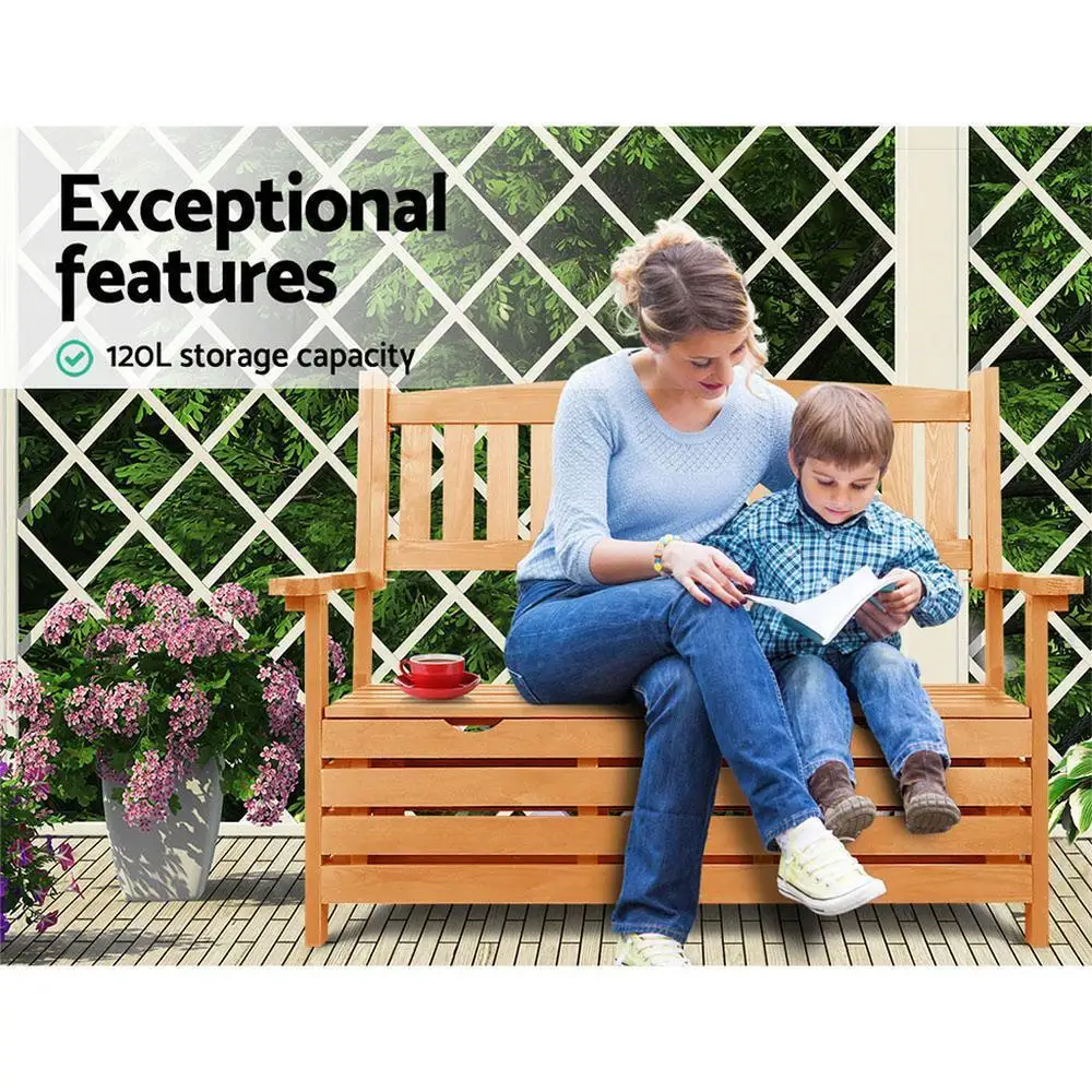 Outdoor Storage Bench Box Wooden Garden Chair 2 Seat Timber Furniture with Spacious Deck Storage for Patio Porch Balcony
