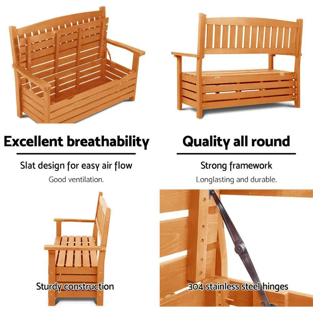 Outdoor Storage Bench Box Wooden Garden Chair 2 Seat Timber Furniture with Spacious Deck Storage for Patio Porch Balcony