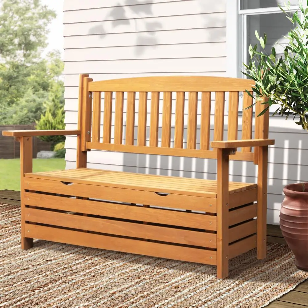 Outdoor Storage Bench Box Wooden Garden Chair 2 Seat Timber Furniture with Spacious Deck Storage for Patio Porch Balcony