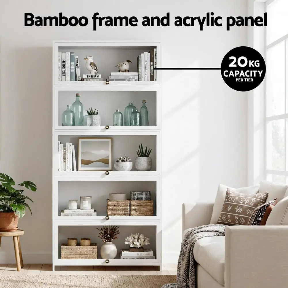 5 Tier Clear Display Cabinet Storage Bookshelf White Freestanding Organizer Shelf for Home Office Living Room