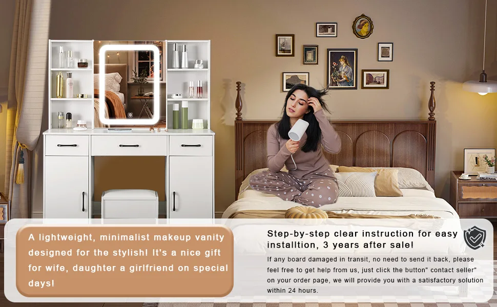 White Vanity Dressing Table Set with Touch Control LED Light Mirror, Double Side Open Shelves & Storage Cabinets, Multi Drawers, One Padded Stool Included Modern Makeup Desk for Bedroom