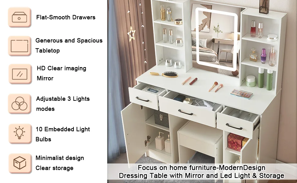White Vanity Dressing Table Set with Touch Control LED Light Mirror, Double Side Open Shelves & Storage Cabinets, Multi Drawers, One Padded Stool Included Modern Makeup Desk for Bedroom