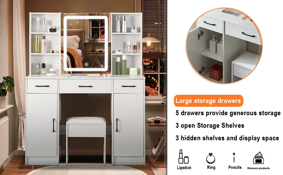 White Vanity Dressing Table Set with Touch Control LED Light Mirror, Double Side Open Shelves & Storage Cabinets, Multi Drawers, One Padded Stool Included Modern Makeup Desk for Bedroom