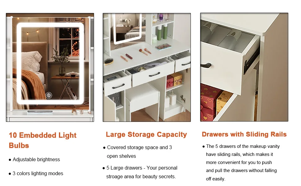 White Vanity Dressing Table Set with Touch Control LED Light Mirror, Double Side Open Shelves & Storage Cabinets, Multi Drawers, One Padded Stool Included Modern Makeup Desk for Bedroom