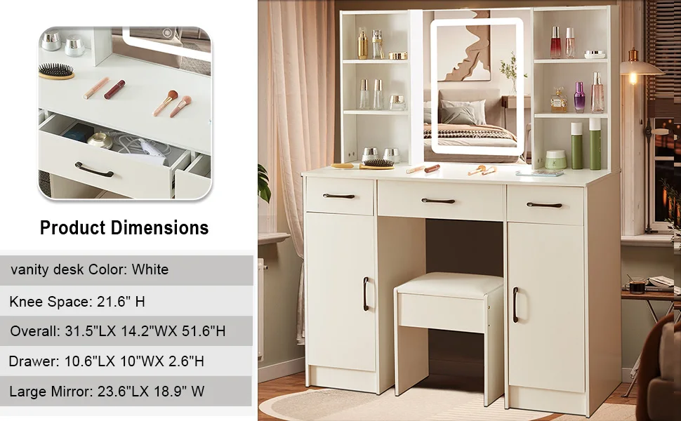White Vanity Dressing Table Set with Touch Control LED Light Mirror, Double Side Open Shelves & Storage Cabinets, Multi Drawers, One Padded Stool Included Modern Makeup Desk for Bedroom