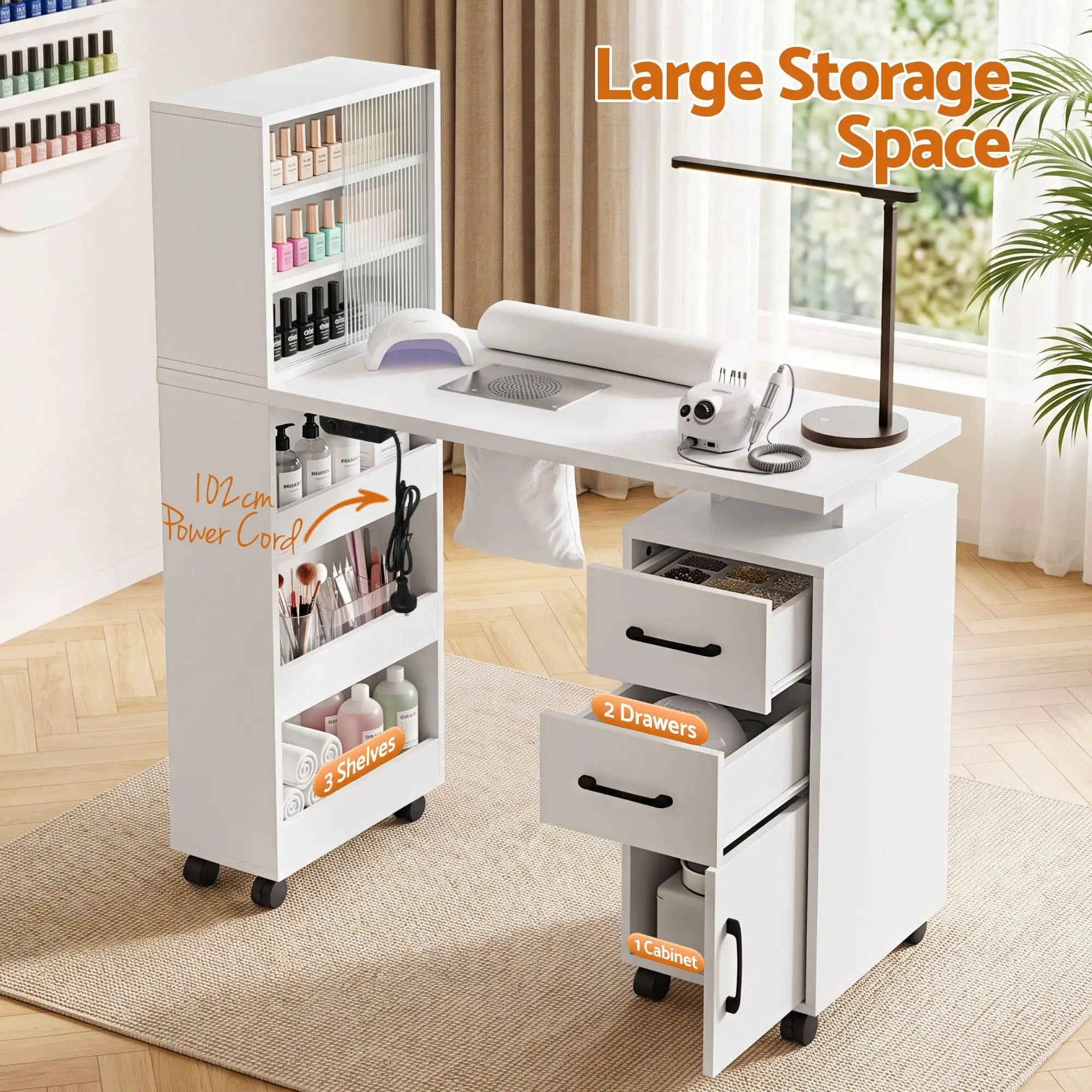 Manicure Table Nail Desk with Built in Dust Collector Salon Station with Drawers Shelves and Wrist Cushion White