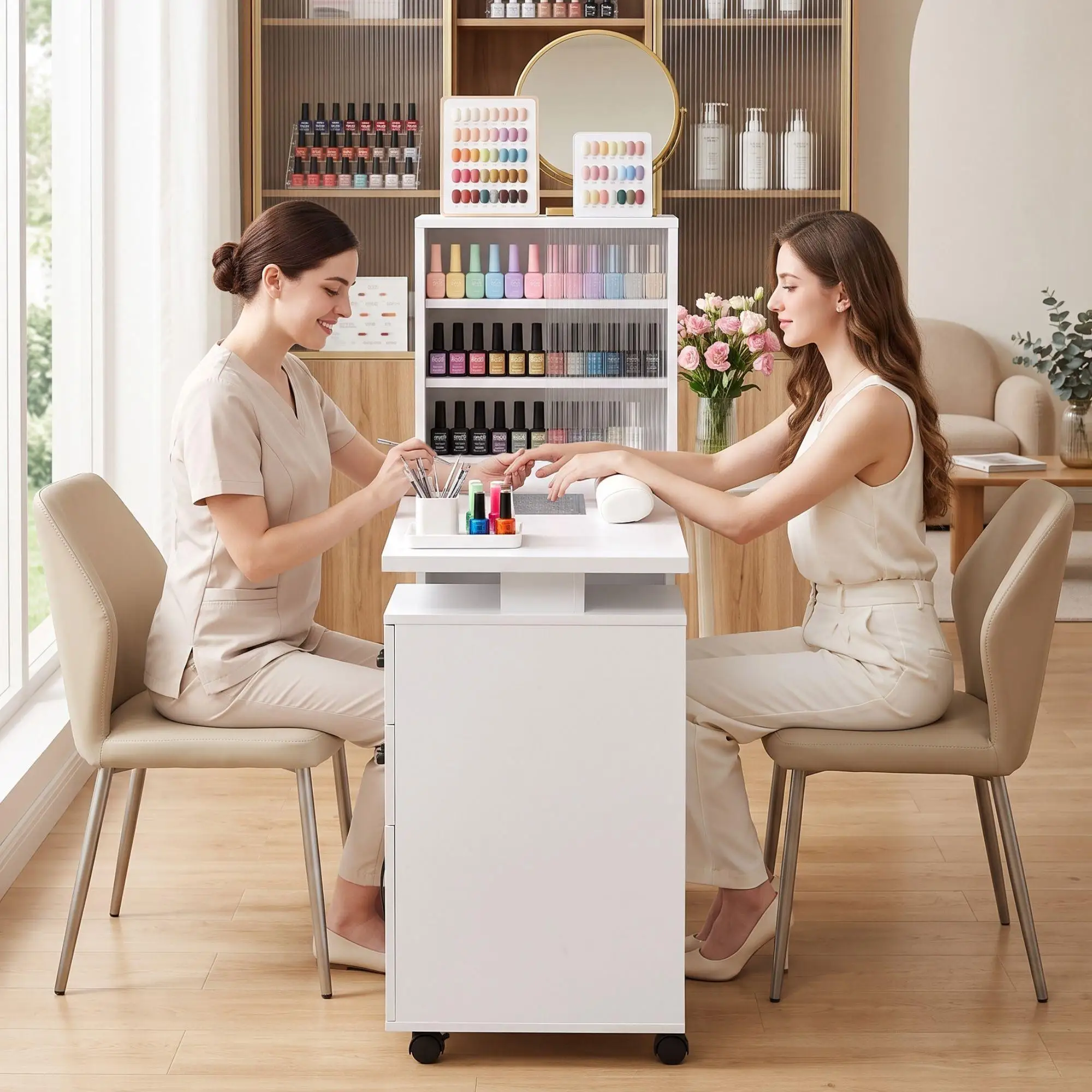 Manicure Table Nail Desk with Built in Dust Collector Salon Station with Drawers Shelves and Wrist Cushion White