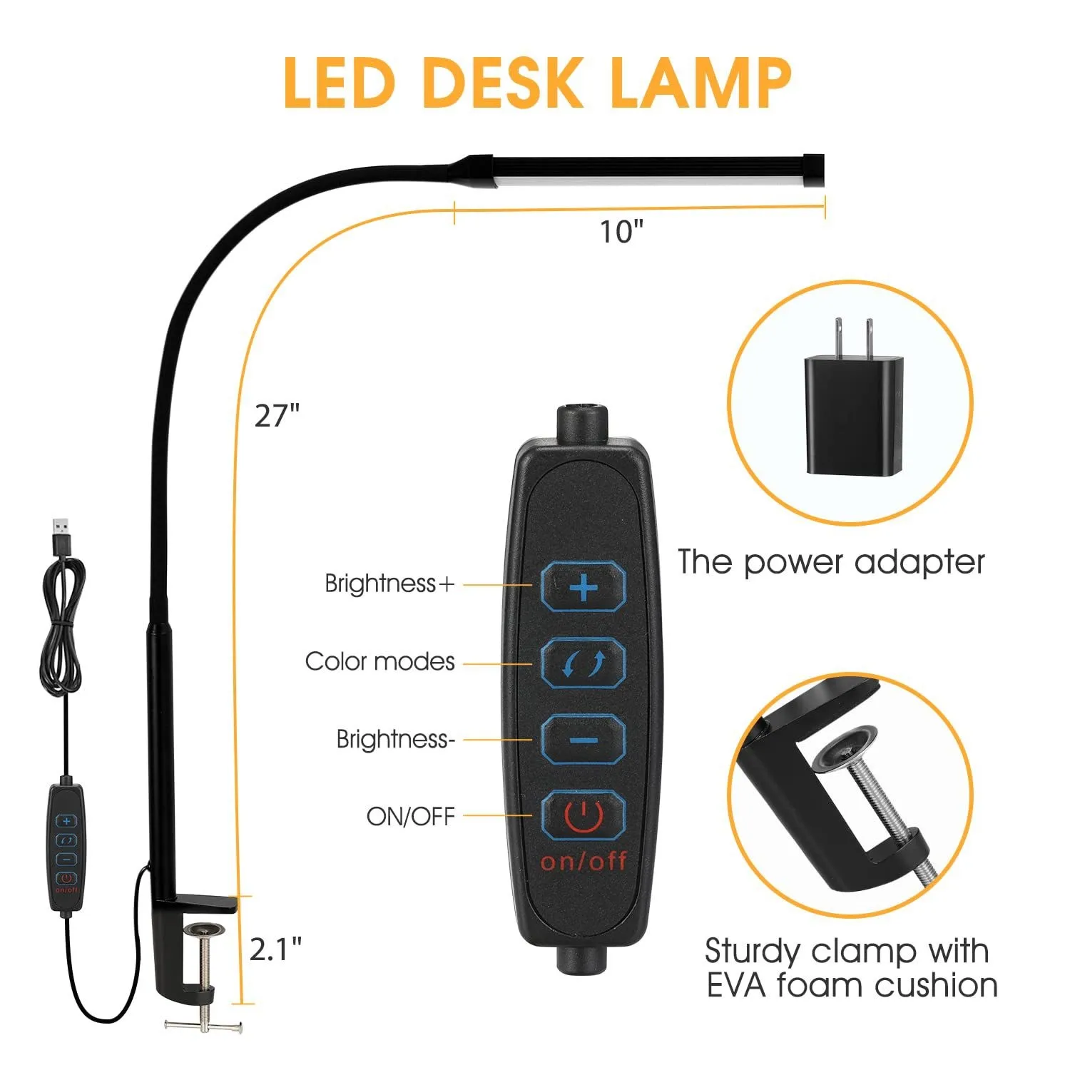 LED Desk Lamp with Clamp 3 Colors Stepless Dimming Eye-Caring Clip Lights Home