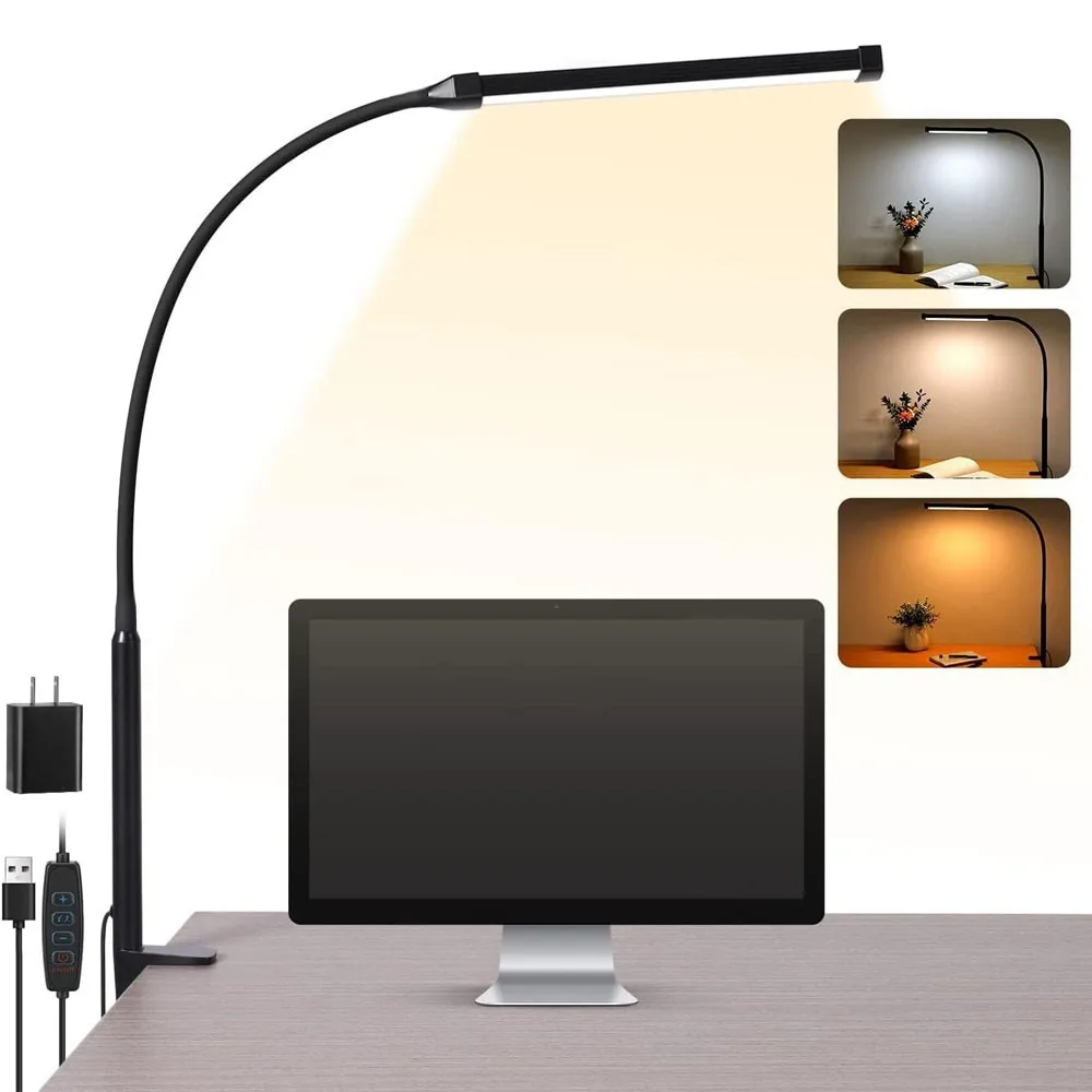 LED Desk Lamp with Clamp 3 Colors Stepless Dimming Eye-Caring Clip Lights Home