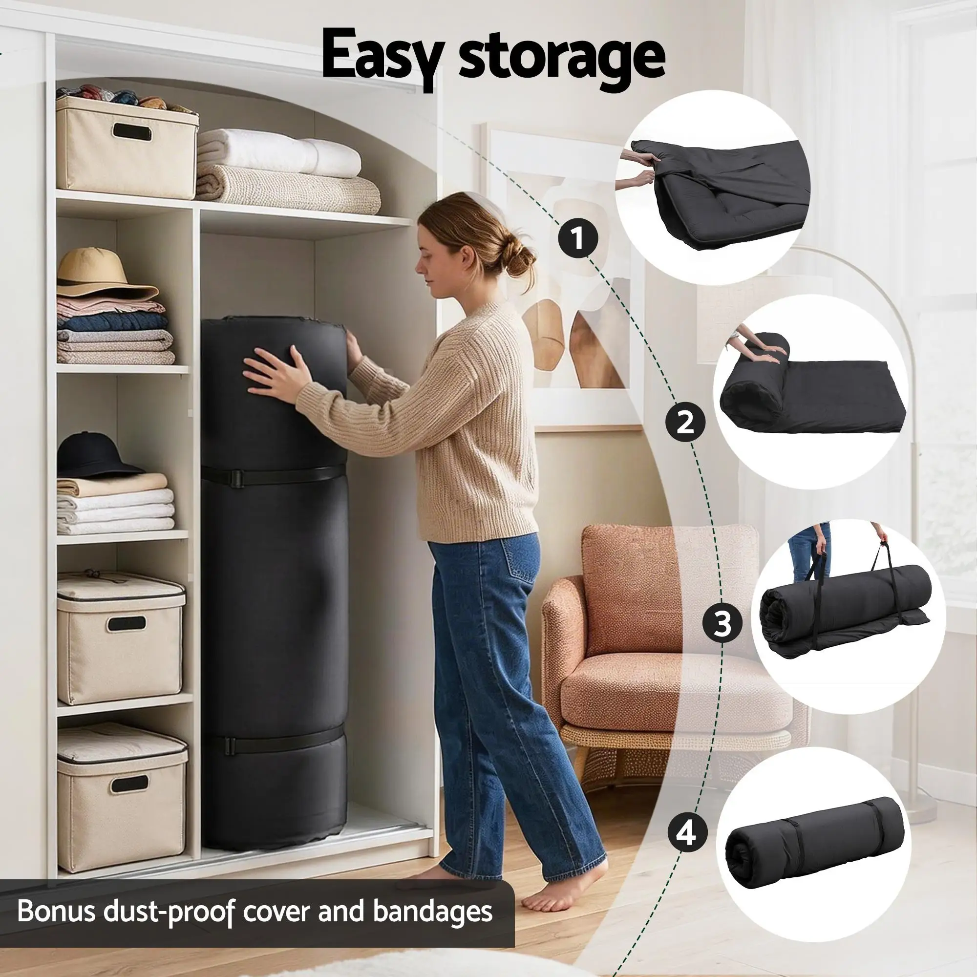 10cm Japanese Foldable Floor Mattress Washable Cover with Straps Futon Bed Pad Portable Tatami Sleeping Mat