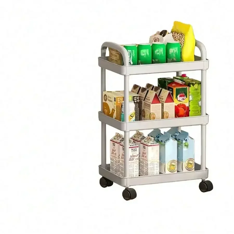 Multi-Function Rolling Storage Rack - Plastic Movable Shelves Cart With Vertical Upright Design, Kitchen Bathroom Office Desk