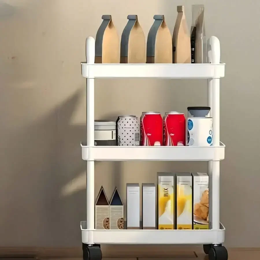 Multi-Function Rolling Storage Rack - Plastic Movable Shelves Cart With Vertical Upright Design, Kitchen Bathroom Office Desk