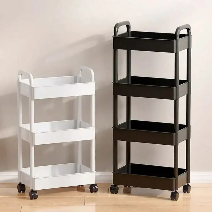 Multi-Function Rolling Storage Rack - Plastic Movable Shelves Cart With Vertical Upright Design, Kitchen Bathroom Office Desk