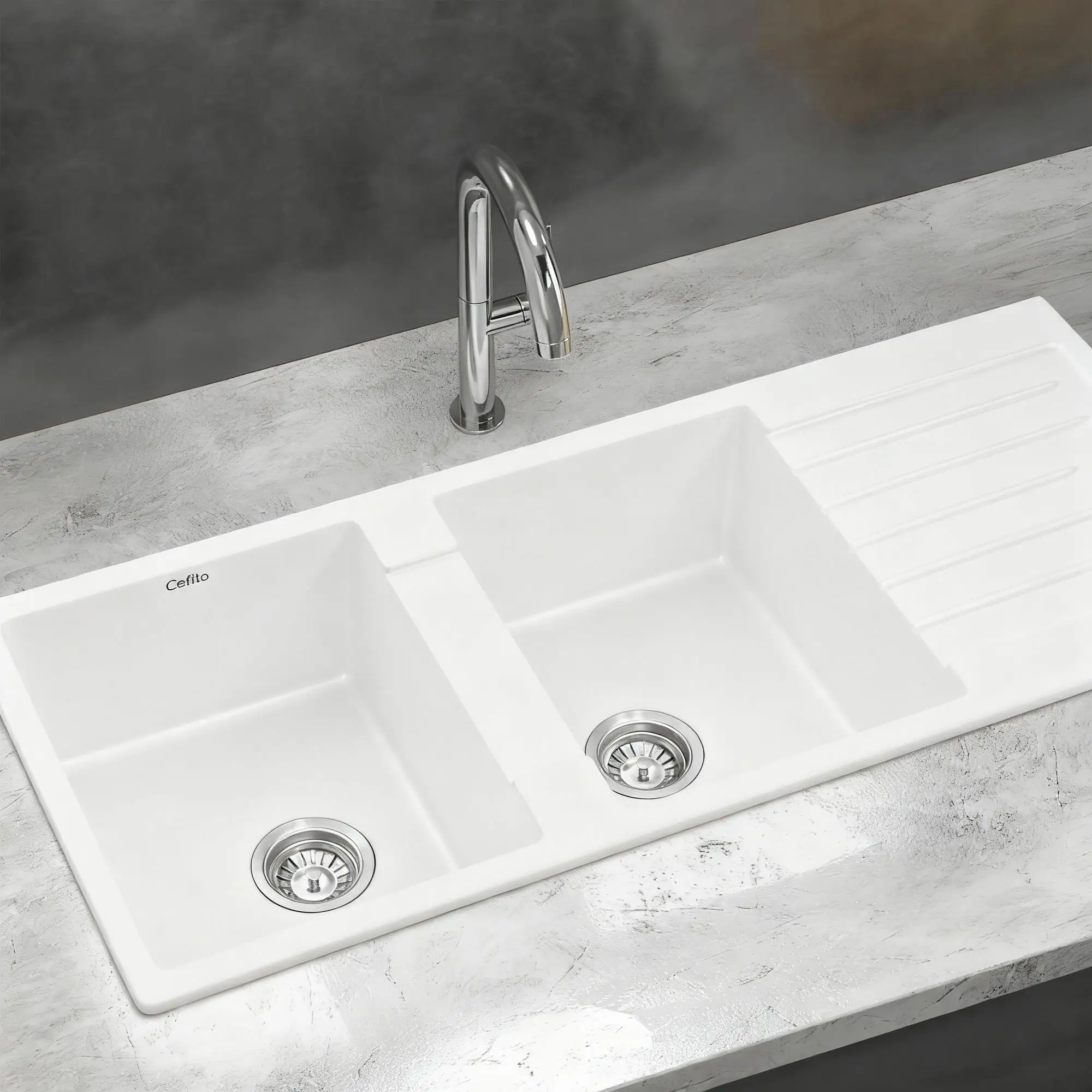 116x50cm White Granite Stone Double Bowl Kitchen Sink Modern Durable Composite Sink for Kitchen Laundry Utility Use