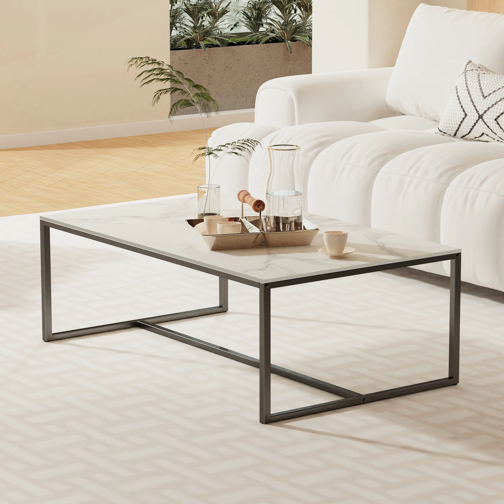 Modern Sintered Stone Top Coffee Table | Rectangular Design with Black Painted Iron Legs | Living Room&Bedroom Storage Solution