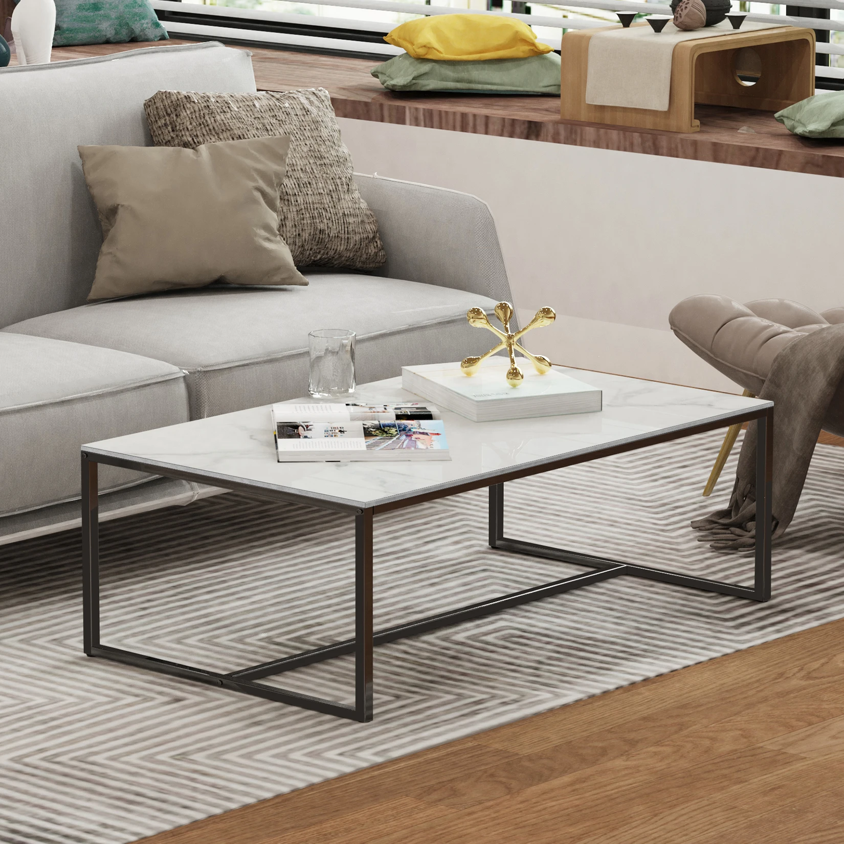 Modern Sintered Stone Top Coffee Table | Rectangular Design with Black Painted Iron Legs | Living Room&Bedroom Storage Solution